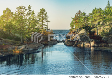 Pine trees on the cliffs of the lake at evening time. 90257797
