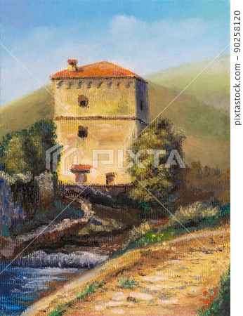 Old tower house in a rural landscape Old tower house in a rural landscape 90258120