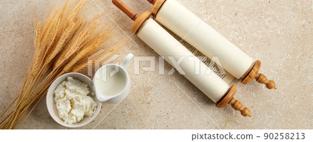 Kosher dairy product for celebration Jewish Holiday Shavuot. Shavuot flat lay. 90258213