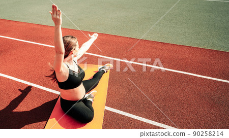 Pregnancy training. Pregnant woman training yoga sport exercise. Prenatal healthy fitness active fit gym outside. Prenatal exercises. Pregnancy training. Pregnant woman training yoga sport exercise. Prenatal healthy fitness active fit gym outside. Prenatal exercises. 90258214