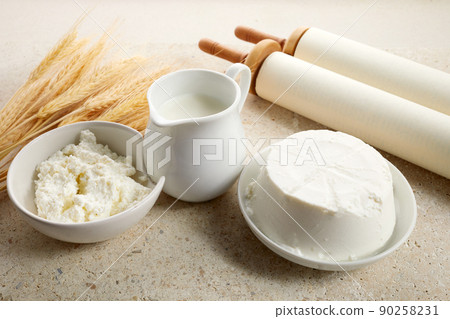 Kosher dairy product for celebration Jewish Holiday Shavuot. Shavuot flat lay. 90258231