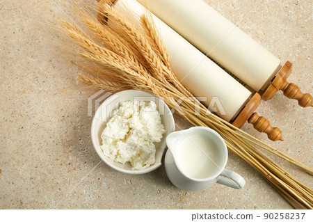 Kosher dairy product for celebration Jewish Holiday Shavuot. Shavuot flat lay. 90258237