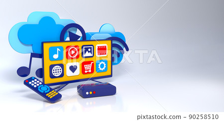 IPTV television set, remote control. 3d concept illustration IPTV television set, remote control. 3d concept illustration 90258510