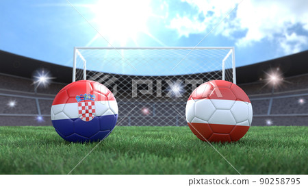 Two soccer balls in flags colors on stadium blurred background. Croatia and Austria. 3d image 90258795