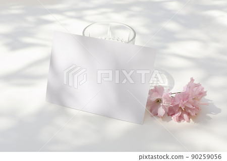 Springtime wedding stationery. Blooming pink Japanese cherry tree blossoms and glass of water in sunlight. Blank greeting card, invitation. Business card, RSVP mockup. White table, shadows overlay. 90259056