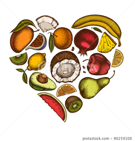 Fruits heart vintage design. Hand drawn bananas, pears, kiwi fruit, apples, lemon, orange Fruits heart vintage design. Hand drawn bananas, pears, kiwi fruit, apples, lemon, orange 90259108