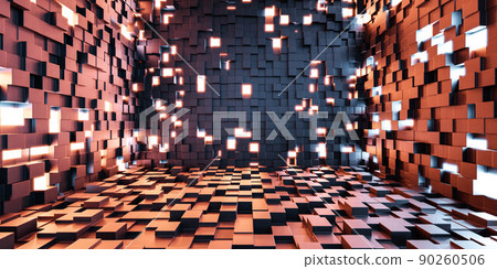 future architecture studio with bright red and blue led lights and cubic walls 3d render illustration 90260506