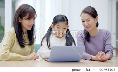 三代家庭在客廳使用電腦 90261301