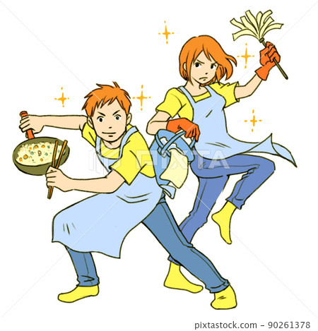 Illustration of a couple taking a fixed pose and fighting housework 90261378