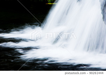 Image of green trees, rocks and summer mountain stream small waterfall 90261444