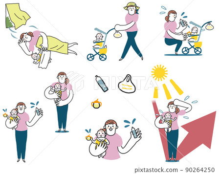 Baby and mother who survive summer, what you can do at home Illustration material set 90264250