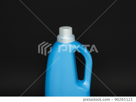 Blue plastic bottles of cleaning products. Laundry container, merchandise template. 90265121