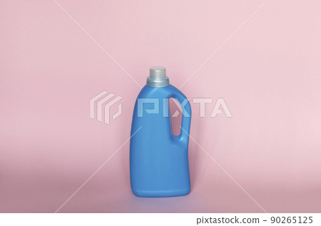 Blue plastic liquid detergent bottle isolated on pink background. Laundry container, merchandise template. Product design. Mock up. 90265125