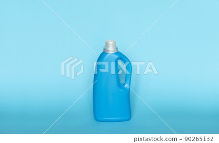 Blue plastic bottles of cleaning products. Laundry container, merchandise template. 90265132