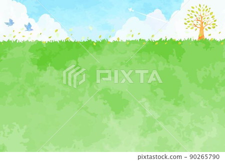 Simple hand-painted tree and meadow and blue sky landscape illustration Simple hand-painted tree and meadow and blue sky landscape illustration 90265790