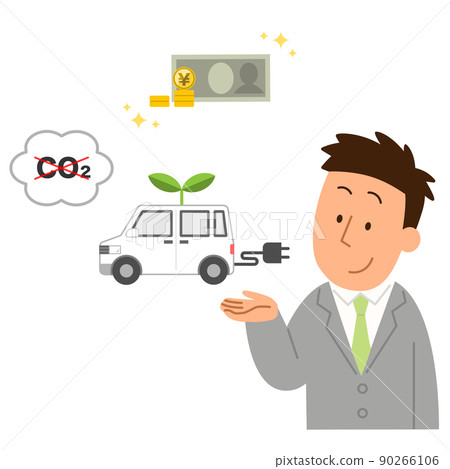 Male office worker explaining the benefits of an electric vehicle 1 Male office worker explaining the benefits of an electric vehicle 1 90266106