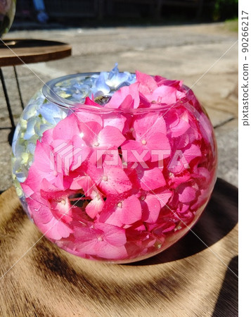 Beautiful hydrangea in a glass ball that shines in light and water Beautiful hydrangea in a glass ball that shines in light and water 90266217