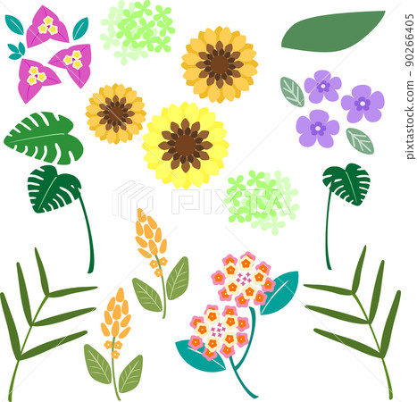簡單可愛的熱帶花葉素材 90266405
