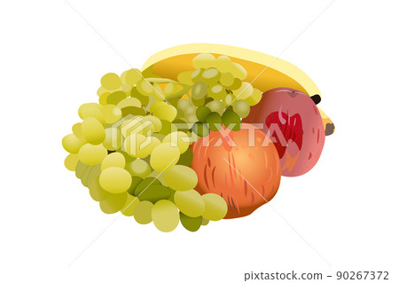 A variety of fruits stacked in a circle on a white background. 90267372
