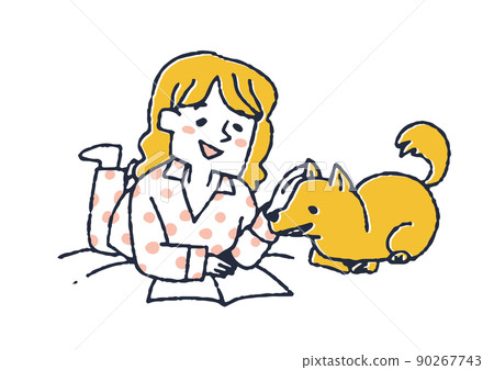 A woman spending a relaxing time with her pet dog in bed, a comical handwritten person, a happy time with an animal family 90267743