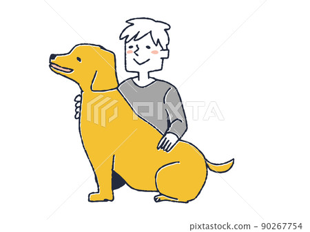 一個男人撫摸著一隻大型寵物狗的身體,與一個動物家庭的快樂時光 一個男人撫摸著一隻大型寵物狗的身體,與一個動物家庭的快樂時光 90267754