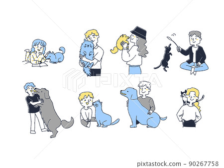 People who spend happy time with animal families Pets such as dogs and cats make their owners happy 90267758