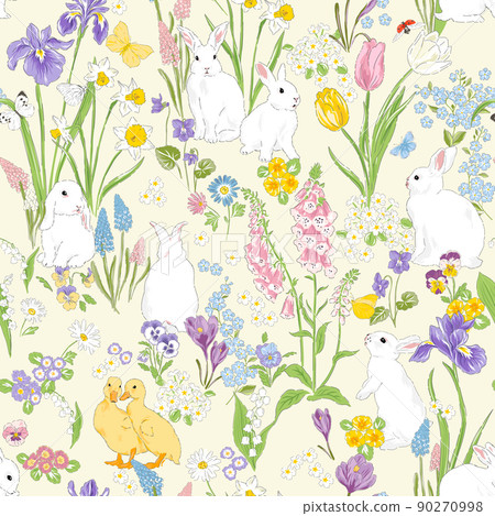 Cute bunny and Duckling in Spring Bloomy flourish garden vector seamless pattern. Vintage romantic nature hand drawn print. C 90270998