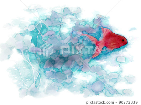 Watercolor illustration of a goldfish swimming in the water 90272339