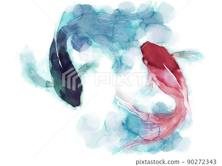 金魚在水中游泳的水彩插圖 金魚在水中游泳的水彩插圖 90272343