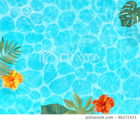 從上看美麗的大海,棕櫚葉和紅橙黃芙蓉漂浮夏季時尚框架背景材料 從上看美麗的大海,棕櫚葉和紅橙黃芙蓉漂浮夏季時尚框架背景材料 90272431