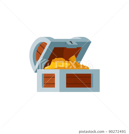 Open pirate treasure chest full of gold, flat vector illustration isolated. 90272491