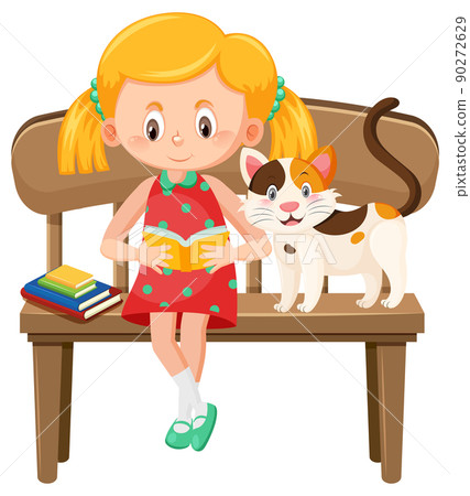 A girl reading book sitting on bench with a cat A girl reading book sitting on bench with a cat 90272629