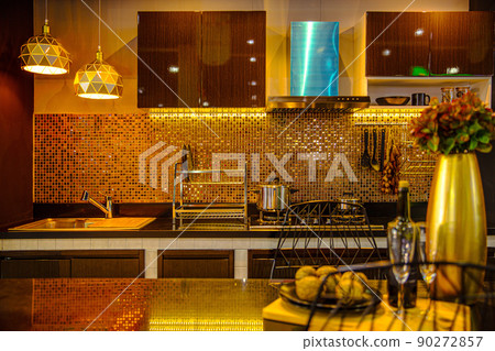 modern luxury kitchen premium home decoration dim light night black golden tone. modern luxury kitchen premium home decoration dim light night black golden tone. 90272857