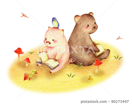 Pigs, bears and blue birds reading in the autumn fields Hand-painted colored pencil drawings Pigs, bears and blue birds reading in the autumn fields Hand-painted colored pencil drawings 90273497