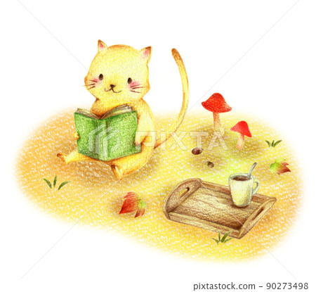 一隻貓在秋天的田野裡讀書的手繪彩色鉛筆劃 90273498