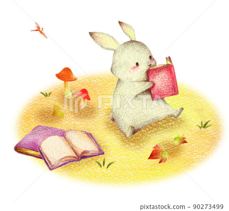Rabbit reading in the autumn field Hand-painted colored pencil drawing 90273499