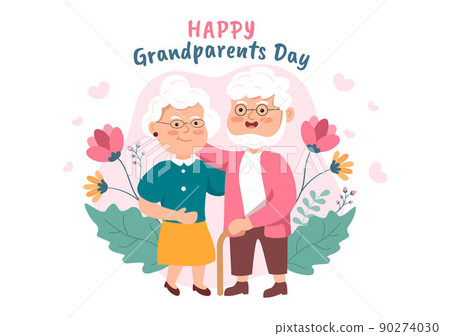 Happy Grandparents Day Cute Cartoon Illustration with Older Couple, Flower Decoration, Grandpa and Grandma in Flat Style for Poster or Greeting Card 90274030