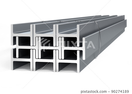Stack of steel I-beams - 3d render 90274189