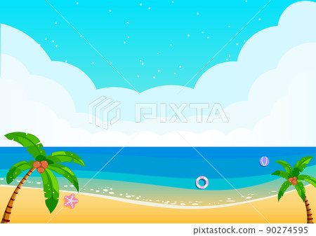 Summer sandy beach, blue sky with blurred clouds and palm trees illustration 90274595