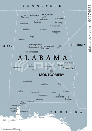 Alabama, AL, gray political map, with capital Montgomery, large and important cities. State in the Southeastern region of United States, nicknamed Yellowhammer State, Heart of Dixie, and Cotton State. Alabama, AL, gray political map, with capital Montgomery, large and important cities. State in the Southeastern region of United States, nicknamed Yellowhammer State, Heart of Dixie, and Cotton State. 90274621