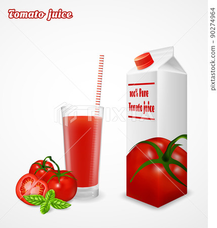 Glass of fresh tomato juice and paper pack Glass of fresh tomato juice and paper pack 90274964