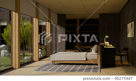 Modern contemporary bedroom interior with comfortable bed and large glass window 90275987