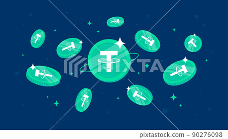 Tether (USDT) coins falling from the sky. USDT cryptocurrency concept banner background. 90276098