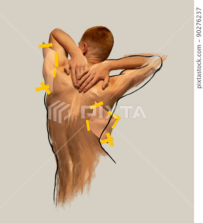 Creative colorful image. Man with muscular back posing isolated over beige background. Body covered with paint brushstroke. 90276237
