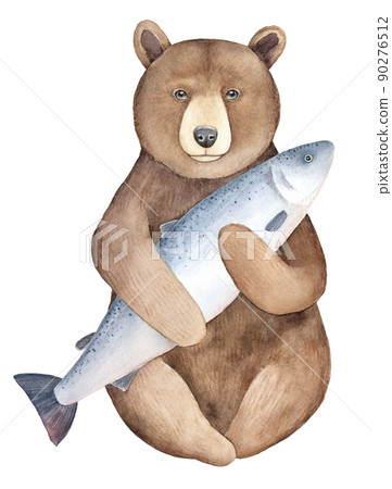 Big brown watchful bear character portrait holding huge gray fish. Symbol of wisdom, power, skills, mastery, nature, wilderness. Handdrawn watercolour graphic drawing on white, cutout design element. 90276512