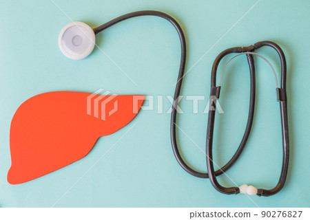model of a human liver made of paper and a stethoscope on a blue background. concept timely diagnosis of liver diseases 90276827