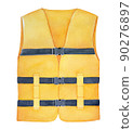 Colorful classic bright yellow life jacket watercolour illustration. Symbol of watersports, safety equipment, fishing. Handdrawn water color graphic painting on white, cutout clip art design element. 90276897