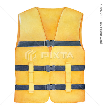 Colorful classic bright yellow life jacket watercolour illustration. Symbol of watersports, safety equipment, fishing. Handdrawn water color graphic painting on white, cutout clip art design element. 90276897