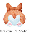 Watercolor illustration of small Welsh Corgi Pembroke character butt. Hand painted watercolour graphic drawing, cutout element for creative design decoration, greeting card, print, banner, invitation. 90277423