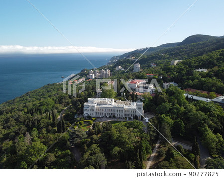 Aerial View of Livadia Palace - located on the shores of the Black Sea in the village of Livadia in the Yalta region of Crimea. Livadia Palace was a summer retreat of the last Russian tsar Nicholas II 90277825